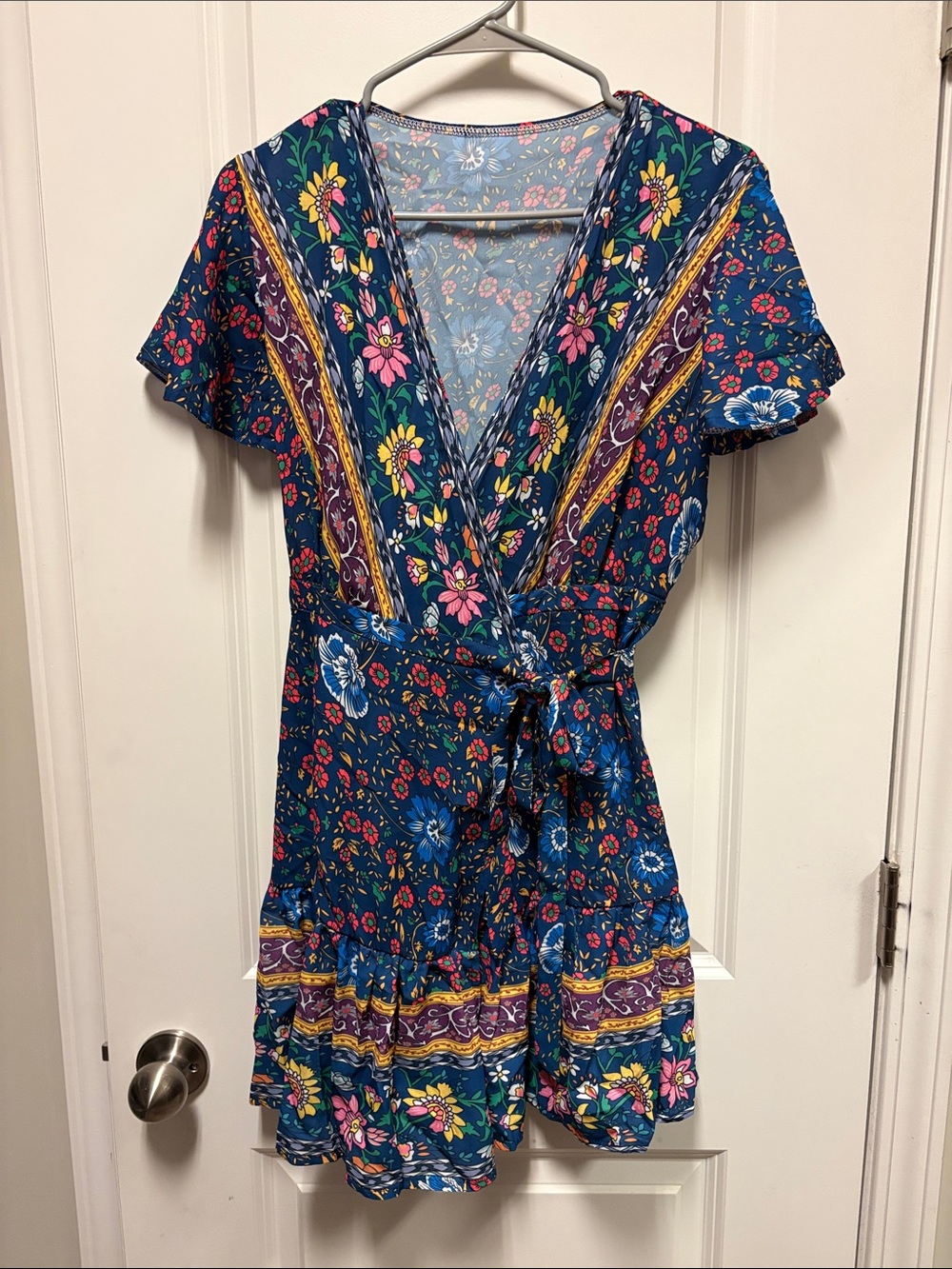Navy Floral Tie-Waist Wrap Dress SHEIN size large